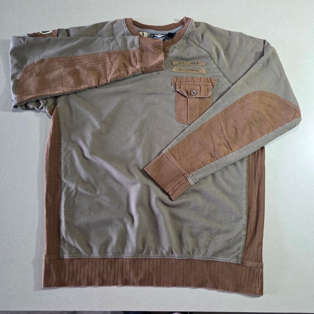 Harley-Davidson Mens XL Green Brown Long Sleeve Pullover Crewneck